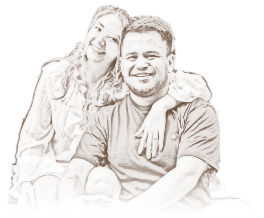 Retrato a lápiz de Danny y Luisa abrazados